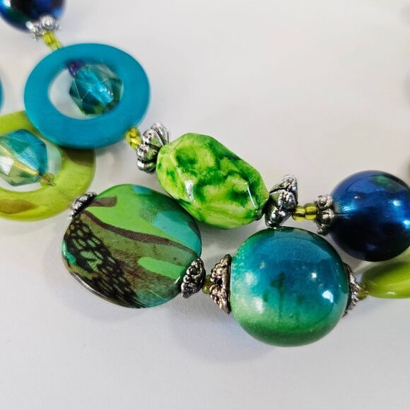 Chunky Double Strand Art Glass Blue Silver Accent Beaded Statement Bib Necklace - Picture 5 of 7